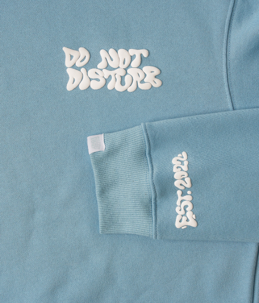 Do not disturb design hoodie closeup - light blue colored