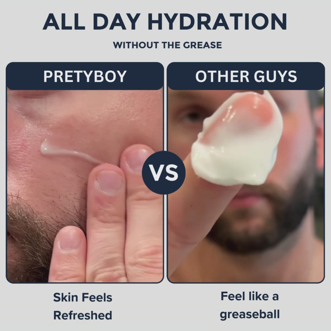Video demonstrating that pretty boy moisturizer leaves skin feeling refreshed compared to other guys
