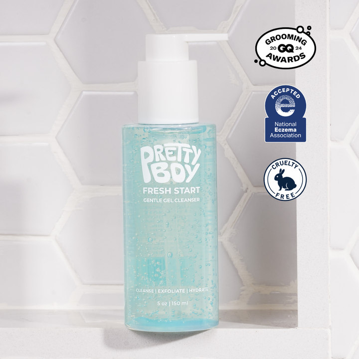 Pretty Boy Fresh Start gentle gel cleanser bottle (clear blue gel, 5 oz / 150 ml) with award and eczema, cruelty-free badges.